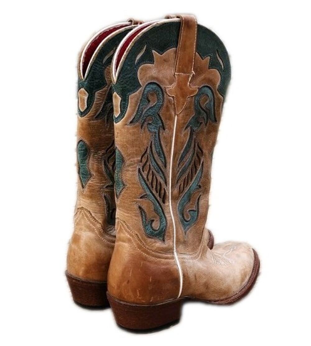 MACIE BEAN Boots - 6.5MED - Brown with Teal Trim - Cowgirl Boots - Leather